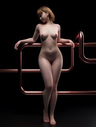 1girls 3d 3d_(artwork) bent_knee blonde_female blonde_hair brown_hair crossed_legs earrings female legs_crossed model modeling nude nude_female pipes pose pubic_hair short_hair