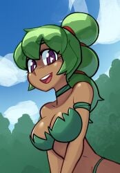 1girls bikini bikini_bottom breasts choker color cragscleft dark-skinned_female dark_skin dryad_(terraria) green_hair long_hair looking_at_viewer outside ponytail purple_eyes smiling smiling_at_viewer terraria