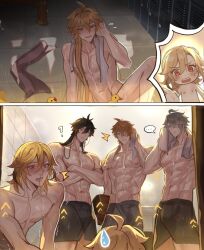 5boys aether_(genshin_impact) alhaitham_(genshin_impact) blonde_hair blush brown_hair gay genshin_impact ha_ze hi_res high_resolution kaveh_(genshin_impact) male male_focus male_only multiple_boys muscular muscular_male naked nipples nosebleed nude nude_male orange_hair panels scar shirtless showering speech_bubble tartaglia_(genshin_impact) towel twink white_hair yaoi zhongli_(genshin_impact)