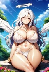 1girls ai_generated angel angel_wings curvaceous curvy_body curvy_female curvy_figure female_focus female_only flowers heaven high_resolution huge_breasts lingerie milf older_female seductive_eyes stable_diffusion underwear