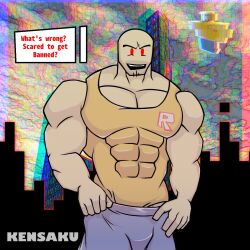 1boy bald bara beard_stubble bulge chin_pubes facial_hair glitch_background glitchy humanoid john_doe_(roblox) kendrick_nsfw kensaku_(artist) kyoitekina male male_only muscles muscular_male red_eyes roblox roblox_hacker roblox_myth robloxian sfw solo tank_top toony