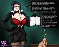 1boy 1girls 2d big_breasts breasts cleavage cum dominant_female dominatrix english_text female femdom femdom_caption glasses male malesub masturbation neocorona penis pov submissive_male tagme teacher text