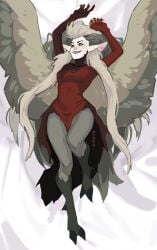 3_toes bird_feet bird_humanoid black_lipstick black_sclera dakimakura dakimakura_pose eda_clawthorne feathered_wings gold_tooth grey_body grey_feathers harpy_eda humanoid_pointy_ears mozes.ipg red_body red_feathers smile smiling_at_viewer the_owl_house toe_claws white_feathers white_hair white_skin yellow_pupils