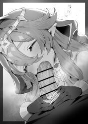 1boy bar_censor censored claw_ring closed_eyes erection fellatio female genshin_impact gloves greyscale hair_between_eyes highres hood hood_up layla_(genshin_impact) long_hair monochrome oral penis pointy_ears solo_focus straight sukoyaka93