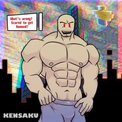 1boy abs armpit_hair armpit_hair_peek bald bara bara_tiddies beard_stubble bulge chin_pubes facial_hair glitch_background glitchy humanoid john_doe_(roblox) kendrick_nsfw kensaku_(artist) kyoitekina male male_nipples male_only male_pubic_hair muscles muscular_male pecs pubic_hair_peek red_eyes roblox roblox_hacker roblox_myth robloxian sfw smooth_skinned_male solo toony topless