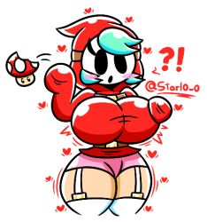 1girls ?! belt big_breasts big_thighs blush_stickers breast_expansion breasts brown_belt clothed clothing cyan_hair female female_only garter_straps heart hoodie huge_breasts large_breasts large_thighs light-skinned_female light_skin mario_(series) mask mushroom nintendo pale-skinned_female pale_skin panties pink_panties power_up red_hoodie shy_gal shy_gal_red solo starlowo stockings super_mario_bros. super_mushroom thick thick_hips thick_thighs thighhighs thighs_expansion white_background white_garter_straps white_stockings white_thighhighs wide_hips