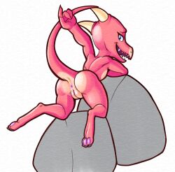 2023 2_horns 3_toes anthro anus ass blue_eyes claws countershade_butt countershade_torso countershading digitigrade eyelashes feet female fours_(artist) genitals grey_background hi_res horn kobold looking_back open_mouth pawpads pink_body pink_pawpads pink_scales presenting presenting_hindquarters pussy rear_view rock scales scalie sharp_teeth simple_background solo tail tan_body tan_scales teeth tik_tik toe_claws toes