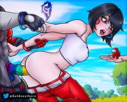 1boy 1boy1girl among_us black_hair crewmate_(among_us) crossover evie_(fortnite) female fortnite goldennthorn holding_arms_back panties panties_down pants pants_down partial_male partially_clothed penetration penis_in_ass red_lipstick sex sussy