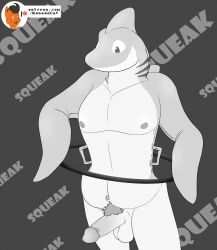 2021 animate_inanimate anthro balls erection fin fish genitals greyscale hi_res holding_object humanoid_genitalia humanoid_penis inflatable kanada living_inflatable male marine monochrome navel patreon penis pubes shark signature smile species_transformation transformation unknown_species