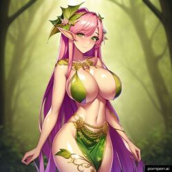 1girls ai_generated big_breasts breasts covered_nipples elf elf_ears elf_female female female_only flower_in_hair forest green_eyes jfxjxf loincloth long_hair looking_at_viewer original_character pink_hair plant_clothing pornpen.ai smile