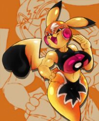 anthro anthrofied big_breasts breasts bytesduh female fur furry furry_only hi_res nintendo pikachu pikachu_libre pokémon_(species) pokemon solo tail thick_thighs wide_hips