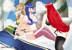 3girls :3 ahe_gao alear_(female)_(fire_emblem) alear_(fire_emblem) ball_gag bare_thighs bed bedroom blonde_hair blue_eyes blue_hair blue_panties bondage bra breasts cleavage drooling eve_(fire_emblem) female female_only femdom femsub fire_emblem fire_emblem_engage gag garter_belt green_eyes green_panties heavy_breathing imminent_sex large_breasts looking_back lumera_(fire_emblem) milla_arts multiple_girls multiple_subs multiple_subs_one_dom nintendo on_bed red_hair saliva saliva_trail thighhighs thighs underwear very_long_hair yuri