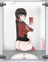 2023 alternate_version_available amrak ass bathroom bathroom_selfie beauty_mark blush brown_hair danganronpa danganronpa_v3 female female_only harukawa_maki long_hair monokuma red_eyes selfie straight_hair thighhighs