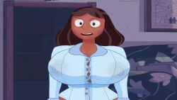 1girls aeondud animated big_breasts breasts button_down_shirt cartoon_network clothed dark-skinned_female dark_skin female female_only huge_breasts hyper_bimbo large_breasts long_hair looking_at_viewer mature mature_female milf mother nipples no_sound priyanka_maheswaran solo solo_female steven_universe steven_universe_future top_heavy video