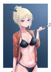 bikini black_bikini blonde_hair blue_background clenched_teeth facial_scar female female_only gintama hair_ornament hoodie jacket kiseru kunai looking_at_viewer medium_breasts official_alternate_costume official_alternate_hairstyle open_jacket pipe ponytail purple_eyes sakiyuikun smoking smoking_pipe solo sweatshirt swimsuit tsukuyo