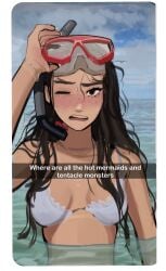 1girls bikini black_hair blush breasts disappointed diving_mask freckles goggles hexia_(miaormoa) hi_res horny_female long_hair miaormoa(artist) necklace ocean original original_character sea snapchat solo swimsuit text