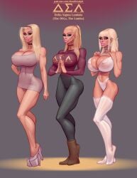 3girls ass big_breasts big_lips bimbo bimbo_lips blonde_hair blue_eyes boots breasts bubble_butt busty character_sheet choker cleavage clothed clothing coxville_stories erect_nipples female female_focus female_only full_body high_heels hourglass_figure large_breasts lipstick long_hair makeup multiple_girls navel nipple_bulge nylons platform_heels stockings tagme theofficialpit thick_lips thighhighs ugg_boots wide_hips