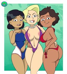 3girls amphibia big_breasts bikini black_hair blonde_hair brown_hair dark-skinned_female dark_skin light-skinned_female light_skin looking_at_viewer mature_female medium_breasts milf mother mrs._boonchuy mrs._waybright mrs._wu multiple_girls oum_boonchuy sling_bikini spicypop straight_hair swimsuit wide_hips