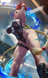 1girls alternate_version_available big_ass big_breasts blonde_hair boots cammy_stretch cammy_white capcom curvaceous female female_only fully_clothed hands_above_head hartman_hips hips hourglass_figure large_breasts leaning_forward leotard long_hair sakimichan skindentation solo street_fighter stretching text thick thick_thighs thighs thunder_thighs thunderthighs twin_braids wide_hips