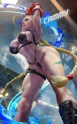 1girls alternate_version_available big_ass big_breasts bikini blonde_hair boots cammy_stretch cammy_white capcom curvaceous female female_only hands_above_head hartman_hips hips hourglass_figure large_breasts leaning_forward long_hair sakimichan skindentation solo street_fighter street_fighter_6 stretching text thick thick_thighs thighs thunder_thighs thunderthighs twin_braids wide_hips