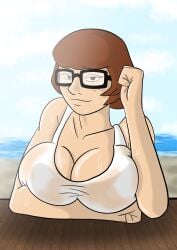 artist_request beach big_breasts breast_press brown_hair drake95 eyeglasses scooby-doo sweat swimsuit transparent_swimsuit velma_dinkley wet wet_swimsuit white_swimsuit