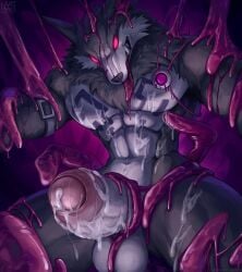 2023 anthro balls bodily_fluids bondage bound brainwashing canid canine corruption cum cum_everywhere cum_on_body fur genital_fluids genitals glowing glowing_eyes hi_res male male_only mammal messy muscular muscular_anthro muscular_male nurinaki penis sharp_teeth slime solo teeth watermark were werecanid werecanine werewolf yu-gi-oh!