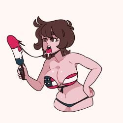 american american_flag american_flag_bikini belly_button bikini bikini_bottom bikini_top brown_eyes brown_hair licking_object painted_nails popsicle sabling thick_eyebrows tongue_out wolf_romure