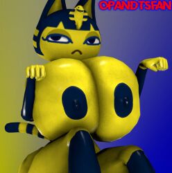 2023 3d 3d_(artwork) animal_crossing ankha ankha_(animal_crossing) annoyed_expression blue_hair blue_nipples breasts_on_knee breasts_on_leg cat_ears cat_humanoid cat_pose cat_tail catgirl female female_only gigantic_breasts hourglass_figure huge_breasts huge_butt hyper_breasts nintendo opandtsfan sfm source_filmmaker thick_thighs