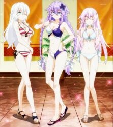 3girls bikini black_heart fanservice female female_only nepgear neptune_(neptunia) neptunia_(series) noire nowa purple_heart_(neptunia) revealing_clothes screencap screenshot