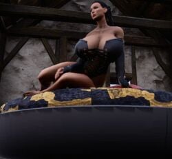 1girls 3d asian asian_female black_corset black_hair conan_exiles conan_the_barbarian_(series) corset female female_only green_eyes huge_breasts large_breasts large_thighs looking_away mera_(wyrld) mod ponytail solo thick_ass thick_legs thighhighs thighs