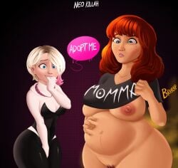 2girls belly big_ass big_belly big_breasts blonde_hair blue_eyes breasts clothed_female fart fart_cloud fart_fetish farting female female_only freckles ginger gwen_stacy hand_between_legs hand_in_mouth hand_on_belly horny human human_only marvel mary_jane_watson milf mommy mommy_kink mostly_nude mother neo_jared nipples outie_navel pregnant pubic_hair red_hair shirt_lift spider-gwen spider-man:_across_the_spider-verse spider-man_(series) text thick_thighs underboob white_hair wide_hips