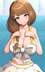 1girls alternate_costume bikini bikini_skirt braid braided_ponytail breasts brown_hair cleavage closed_mouth collarbone female female_only fire_emblem fire_emblem_engage goldmary_(fire_emblem) gonzarez hair_over_shoulder hands_up highres large_breasts long_hair mole mole_on_breast navel nintendo scrunchie side_ponytail skirt smile solo swimsuit water white_bikini white_swimsuit wrist_scrunchie yellow_eyes