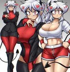 1girls 5_fingers athletic athletic_female big_breasts black_jacket blush breasts busty cleavage clothed clothes clothing demon demon_girl demon_horns demon_tail female female_focus female_only full_body fully_clothed hair heart-shaped_pupils helltaker high_heel_boots hips horns hourglass_figure huge_breasts humanoid jacket large_breasts legwear light-skinned_female looking_at_viewer medium_hair modeus_(helltaker) red_eyes red_shorts red_stockings sfw shirt simple_background socks solo solo_female solo_focus standing sweater tail thick thick_thighs thighs tied_hair white_hair white_shirt wide_hips zzzhodazzz