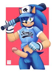 5_fingers anthro balls baseball_bat baseball_cap baseball_shirt bat_(object) big_penis blue_body blue_fur blurau bottomless clothed clothing clothing_lift erection eulipotyphlan facial_markings fingers fur genitals gloves green_eyes handwear hat head_markings headgear headwear hedgehog hi_res looking_at_viewer male mammal markings penis raised_finger raised_pinky sega shirt shirt_lift signature smile smirk solo sonic_(series) sonic_the_hedgehog sonic_the_hedgehog_(series) standing tan_body tan_fur topwear vein veiny_penis