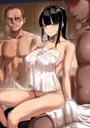 2boys balding black_eyes black_hair blush bottomless breasts brown_hair collarbone covered_nipples covering covering_breasts emotionless erection_under_clothes expressionless faceless faceless_male female group hair_intakes heart heart-shaped_pupils highres indoors large_breasts long_hair lynus multiple_boys naoko-san naoko_(9113419) original sauna see-through shiny_skin sitting smile spread_legs sweatdrop symbol-shaped_pupils towel unamused wet