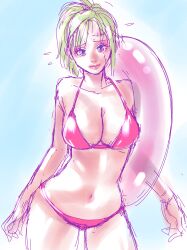 alternate_costume benrinnes_maiko big_breasts bikini blonde_hair cleavage colored_sketch facial_scar female female_only gintama hourglass_figure innertube looking_at_viewer pink_bikini ponytail sketch smile solo swimsuit tsukuyo wide_hips