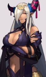 1girls abs arms_under_breasts asymmetrical_horns bangs bare_shoulders blonde_hair blue_eyes breasts cleavage cowboy_shot crossed_arms dark_skin fire_emblem fire_emblem_engage grey_background grey_horns hair_ornament hair_over_one_eye highres horn horns jewelry large_breasts long_hair looking_at_viewer mature_female navel nintendo pointy_ears purple_eyes purple_ribbon red_eyes revealing_clothes ribbon seinikuten solo tan tassel tassel_hair_ornament zephia_(fire_emblem)