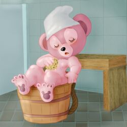 bath bathing bathroom bathtub bear blush blush closed_eyes cub disney duffy_and_friends feet female female_focus female_only furry furry_only mousetache naked naked_female pawpads paws shelliemay shiny shiny_skin small_breasts sponge ursid