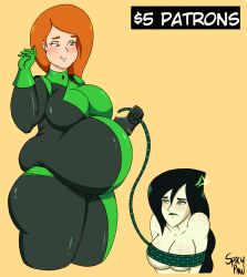 2girls bbw belly big_belly big_breasts black_hair breasts chubby collar disney disney_channel fat female femdom kim_possible leash orange_hair overweight petplay shego skintight spicypaw thick_thighs