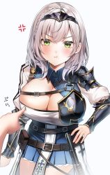 1girls angry armor belt big_breasts blush breast_poke breasts cleavage clothed green_eyes hand_on_hip hi_res hololive hololive_fantasy hololive_japan looking_at_viewer nitogebeto pointy_chin poking_breasts pout shirogane_noel short_hair skirt strap tiara virtual_youtuber white_hair