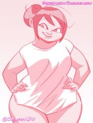 1girls 2023 asian_female bbw bottomless chickpea chubby chubby_female disney disney_channel female female_only gradient_background hands_on_hips milf monochrome pink_background pink_theme sharon_mcgee shirt shirt_only simple_background smile solo t-shirt the_ghost_and_molly_mcgee