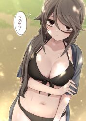 bags_under_eyes big_breasts bikini black_bikini black_hair breasts cleavage collarbone expressionless female hair_between_eyes hand_on_own_arm hood hoodie ikari_manatsu jitome kurai_anoko_to_shitai_koto large_breasts long_hair looking_at_viewer low_ponytail mole mole_on_breast navel open_clothes open_hoodie original outdoors red_eyes sasaki_touko short_sleeves solo speech_bubble stomach sweat swimsuit translated