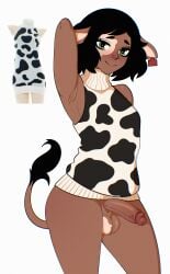 1boy absurd_res animal_humanoid animal_print balls bovid bovid_humanoid bovine bovine_humanoid bro_aniki cattle_humanoid clothed clothing cow_print dark_body dark_skin ear_tag genital_raphe genitals girly glans hair hi_res humanoid humanoid_genitalia humanoid_penis looking_at_viewer male male_only mammal mammal_humanoid oliver_(bro_aniki) penis raphe_(anatomy) scrotal_raphe smile smiling_at_viewer solo sweater tail tail_tuft topwear tuft