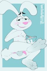 2023 absurd_res anthro anus ass balls blush cereal eating feet food fur general_mills genitals hi_res lagomorph leporid looking_at_viewer male mammal mascot multi_nipple nipples penis penis_tuck perfectlynormal rabbit solo tapering_penis trix trix_rabbit white_body white_fur