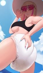 1girls ass_focus big_ass big_breasts blonde_hair diaper eyewear_on_head female grabbing_ass grabbing_own_ass hand_on_ass hat highlights large_ass large_breasts low_angle messy messy_diaper midriff milkriot milky_(milkriot) original original_character red_eyes scat soiling soiling_diaper solo solo_female solo_focus sunglasses sunglasses_on_head sunhat underboob wet_diaper