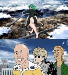 1girls 3boys alternate_ass_size animan animanstudios ass axel_in_harlem big_ass big_butt black_dress don_lajara dress female genos green_eyes green_hair hi_res high_resolution highres king_(one-punch_man) large_ass light-skinned_female light_skin male medium_hair meme one-punch_man saitama shortstack straight straight_hair tatsumaki vamonos_de_fiesta_a_factory