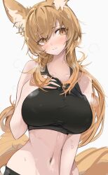 1girls animal_ear_fluff animal_ears animal_genitalia arknights athletic athletic_female bare_shoulders belly belly_button big_breasts black_topwear blonde_hair blush breasts busty cleavage collarbone curvaceous curvy cute embarrassed female female_only fit fit_female fluffy_ears fluffy_tail flying_sweatdrops giant_breasts hair_between_eyes hand_on_own_breast hand_on_own_chest heavy_breathing hips horse_ears horse_girl horse_tail huge_breasts large_breasts light-skinned_female light_skin long_hair lower_body_out_of_frame massive_breasts midriff mikozin navel nearl_(arknights) open_mouth pants_down pulling_down_pants shiny_skin shy simple_background solo solo_female sports_bra sportswear steam steaming_body stomach sweat sweatdrop sweating tail teeth teeth_showing topwear tubetop upper_body very_long_hair voluptuous waist wasp_waist white_background wide_hips yellow_eyes