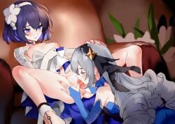 2girls blue_hair blush breasts bridal_gauntlets bronya_zaychik bronya_zaychik_(herrscher_of_reason) closed_mouth cunnilingus drill_hair earrings fingering grey_hair hair_between_eyes hairband hand_on_another's_head highres honkai_(series) honkai_impact_3rd jewelry long_hair mie_xing multiple_girls nipples oral purple_eyes pussy pussy_juice quad_drills seele_vollerei short_hair small_breasts spread_legs tongue tongue_out uncensored vaginal_penetration white_hairband yuri