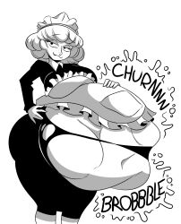 1girls ambiguous_prey belly belly_bulge big_belly classychicken34 desert_rose digestion digestion_noises female_pred irene_sanders maid maid_apron maid_headdress maid_outfit maid_uniform multiple_prey onomatopoeia oral_vore smug smug_face stomach_bulge stomach_noises struggling struggling_prey torn_clothes vore vore_belly