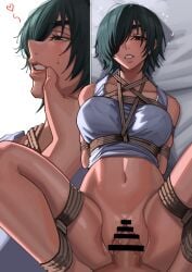 1boy absurdres arms_behind_back bar_censor bed black_hair blush bondage censored chainsaw_man eyepatch female grey_tank_top hand_on_another's_face harris_hero highres himeno_(chainsaw_man) in_bed looking_at_another looking_at_viewer male missionary_position navel on_back parted_lips penis pov sex shibari_over_clothes short_hair spread_legs straight tank_top